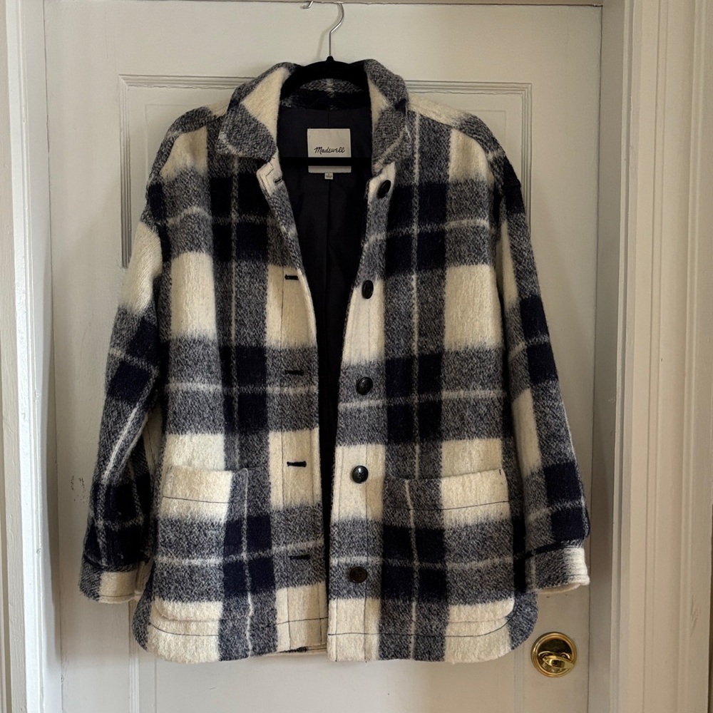 Madewell Plaid Pea Coat in Black and Cream